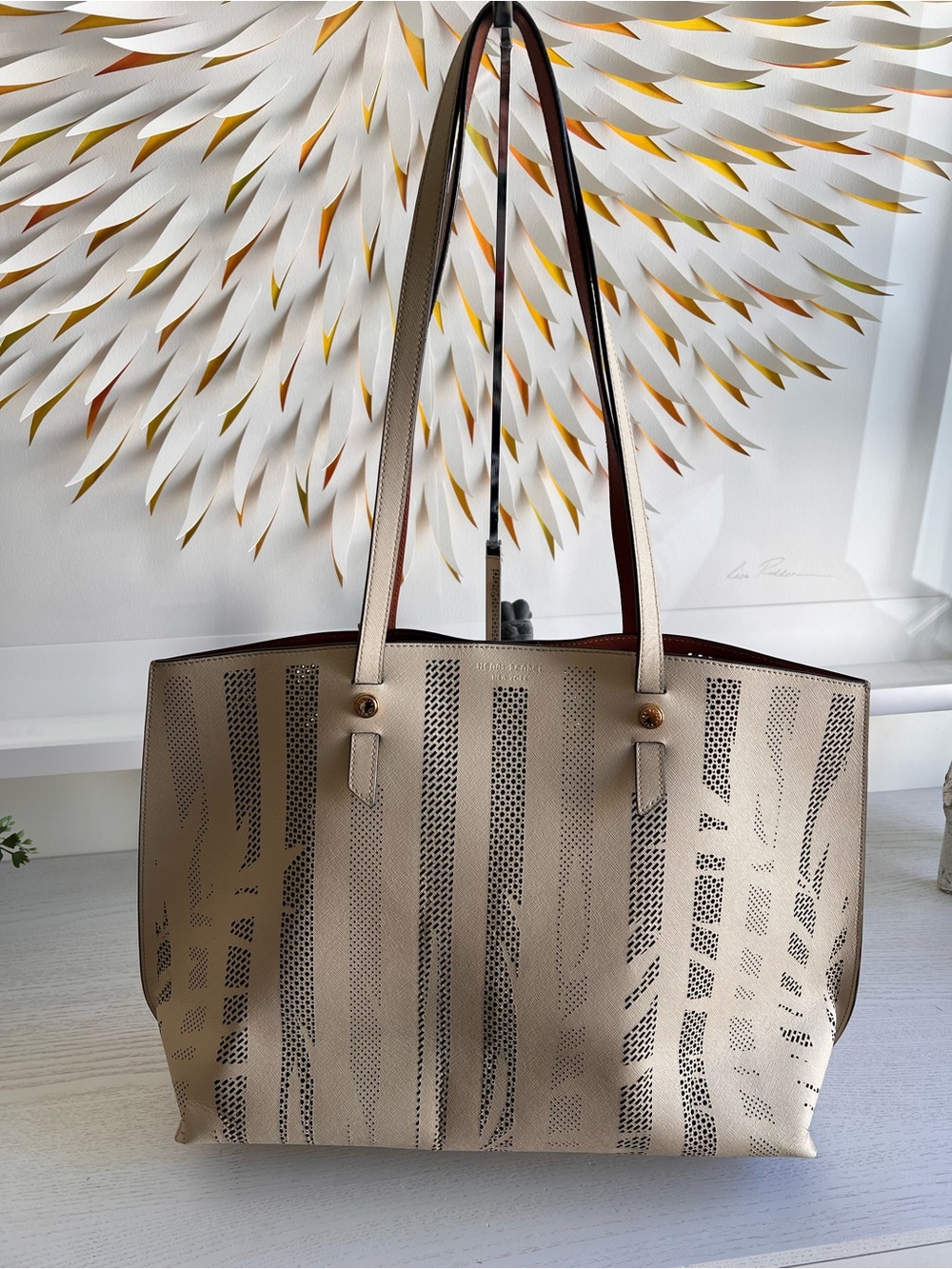 henri bendel Beige Laser-Cut Tote with Long Straps